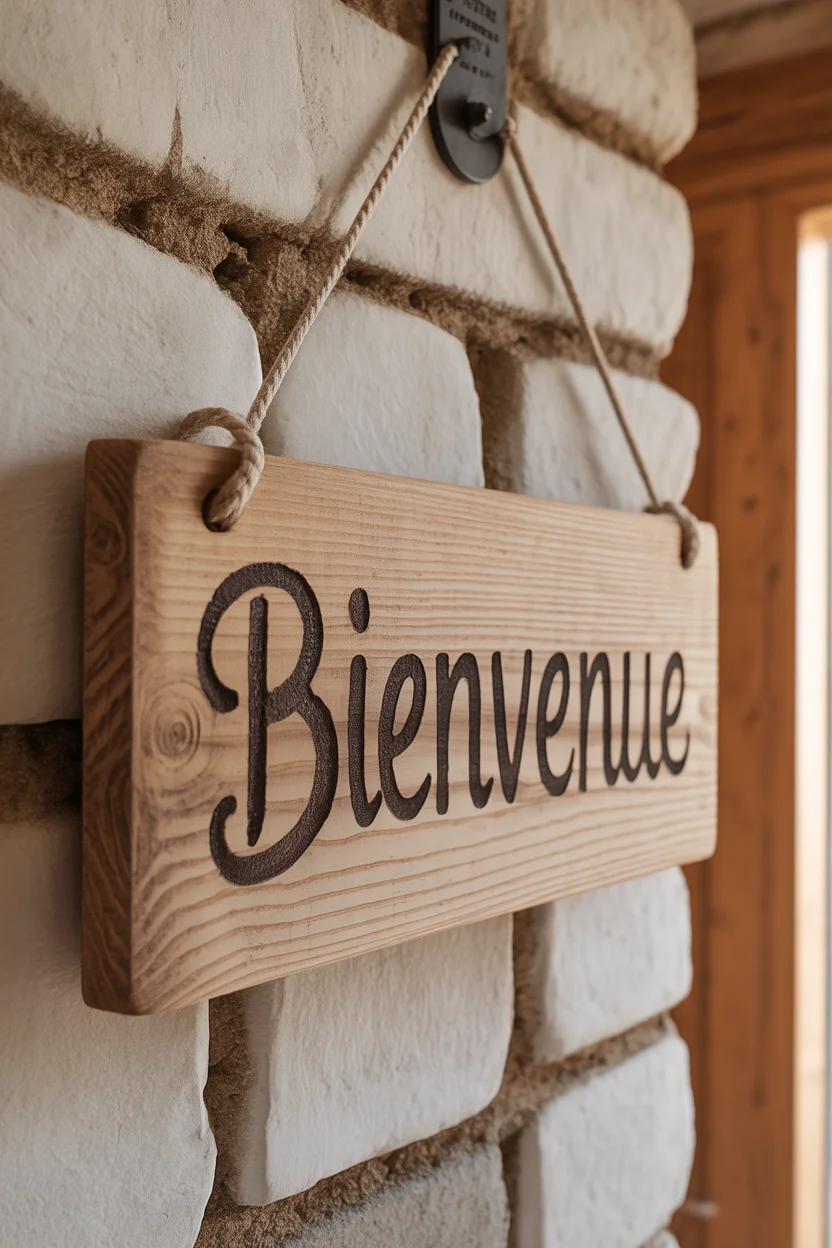 Panneau en bois suspendu par une corde avec l'inscription "Bienvenue" gravée.