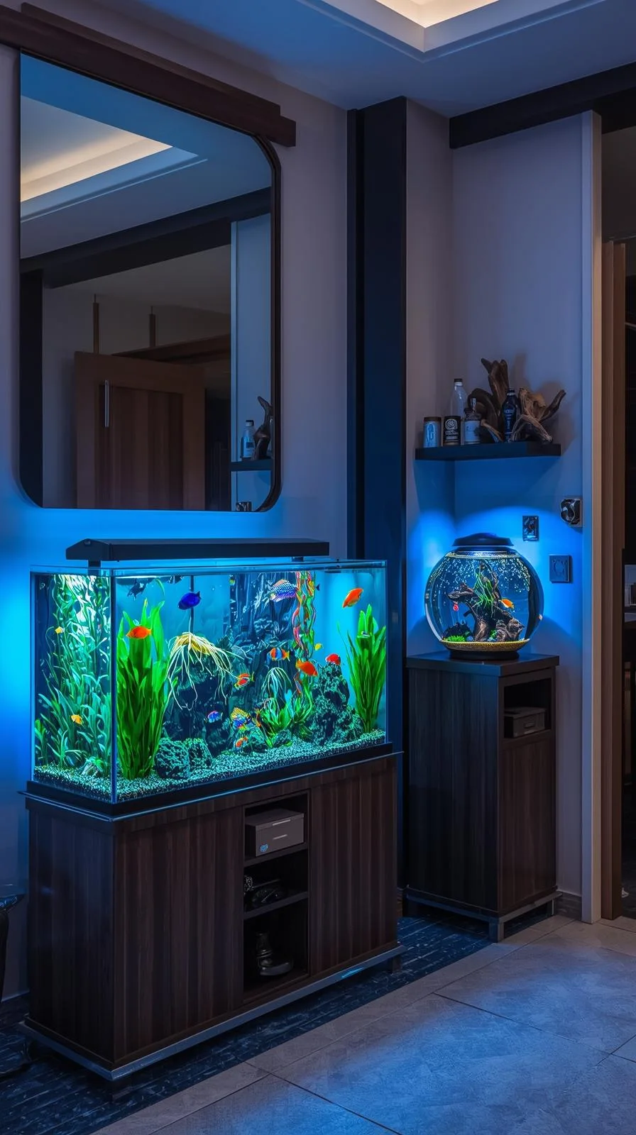 Grand aquarium design éclairage bleu, meuble moderne, ambiance aquatique relaxante zen.