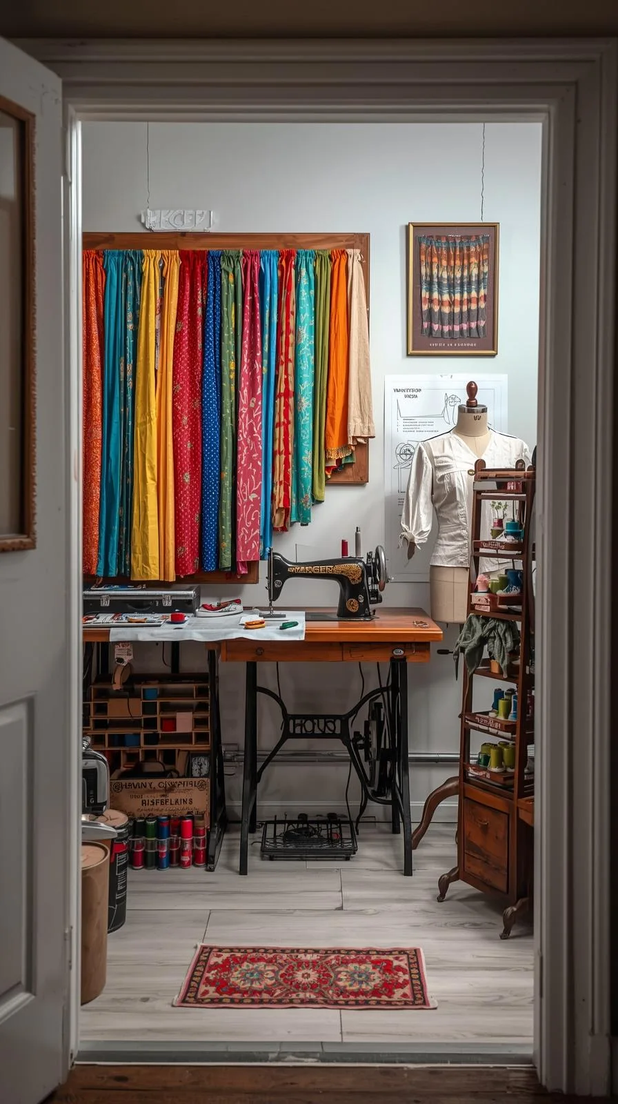 Atelier couture entrée, machine Singer vintage, tissus colorés suspendus, mannequin couture, style rétro.