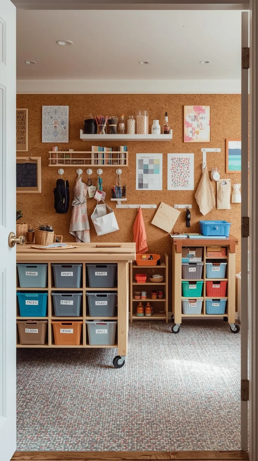 Atelier créatif entrée, grand panneau liège, bacs rangement colorés, table bois pour enfants.