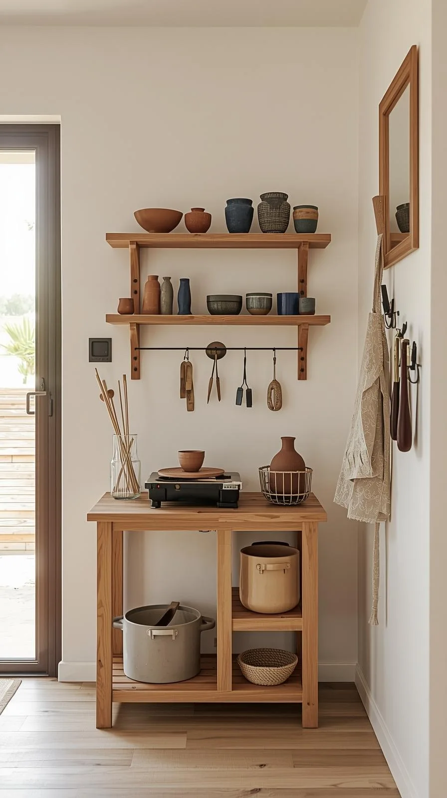 Atelier poterie entrée, étagères bois brut, collection céramiques artisanales, outils et tablier.