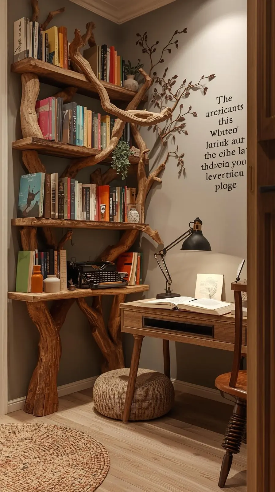 Bibliothèque originale branches bois flotté, coin lecture entrée, livres colorés, citations mur.