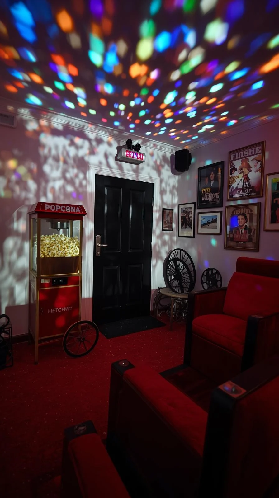 Entrée style cinéma rétro, machine popcorn rouge, fauteuils velours, affiches films, jeux lumière disco.