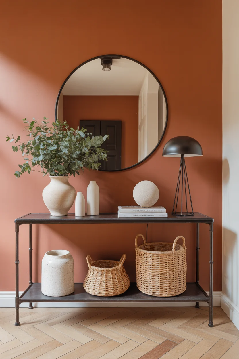 Console noire sur mur couleur terracotta avec déco naturelle