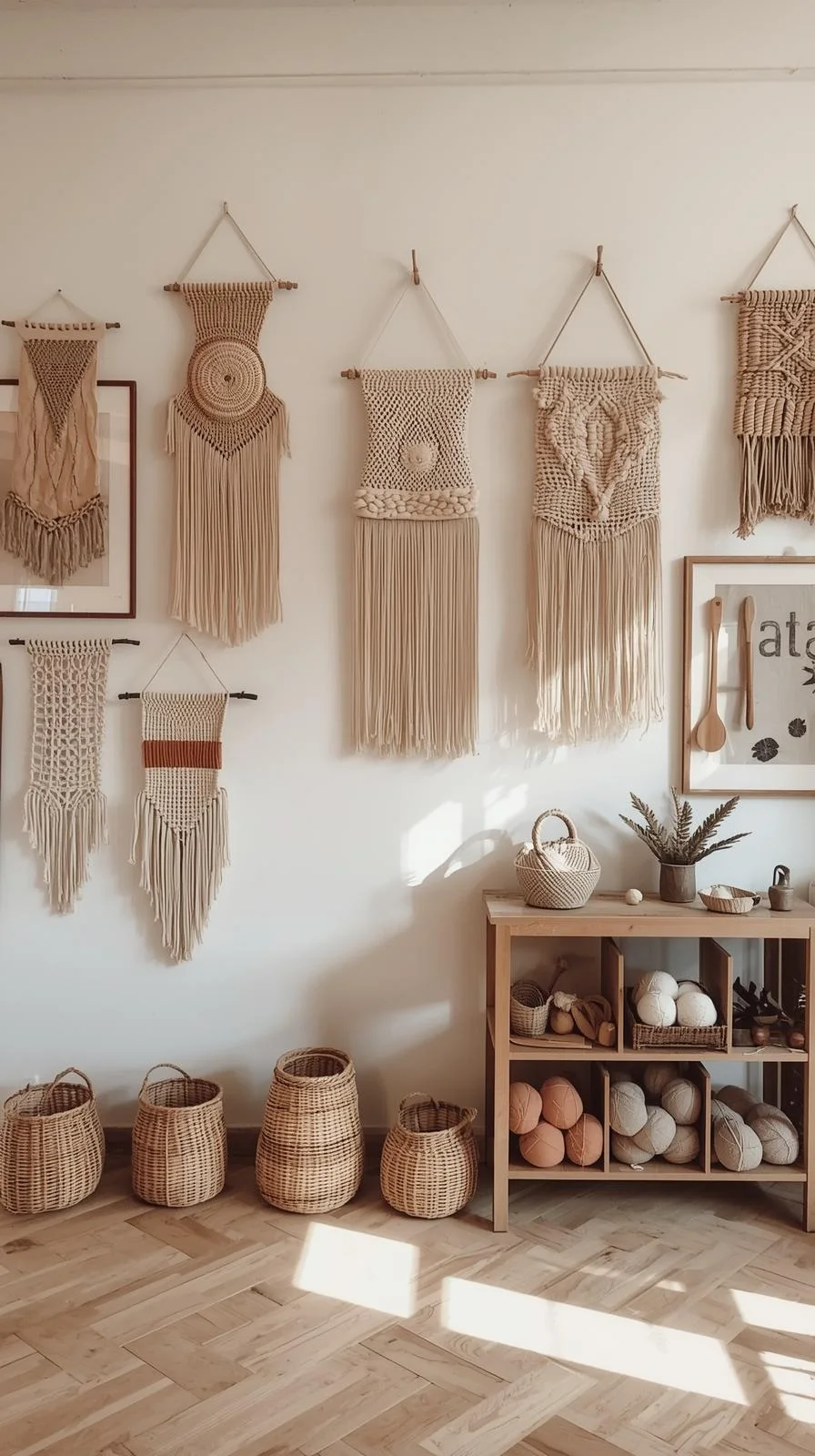 Mur exposition macramé beige, paniers osier sol, déco bohème naturelle, textures douces.