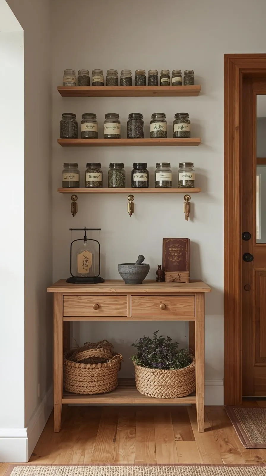 Console bois clair apothicaire, étagères bocaux herbes, mortier pierre, paniers osier, style nature.