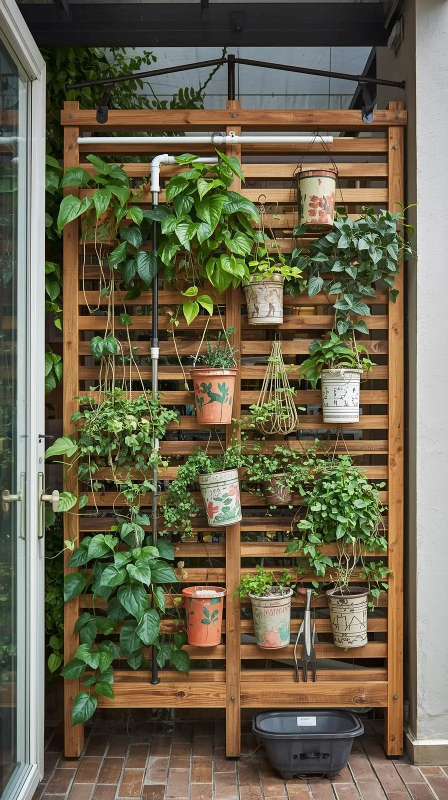 Mur végétal DIY palette bois, plantes vertes pots suspendus, baie vitrée, ambiance jardin urbain.