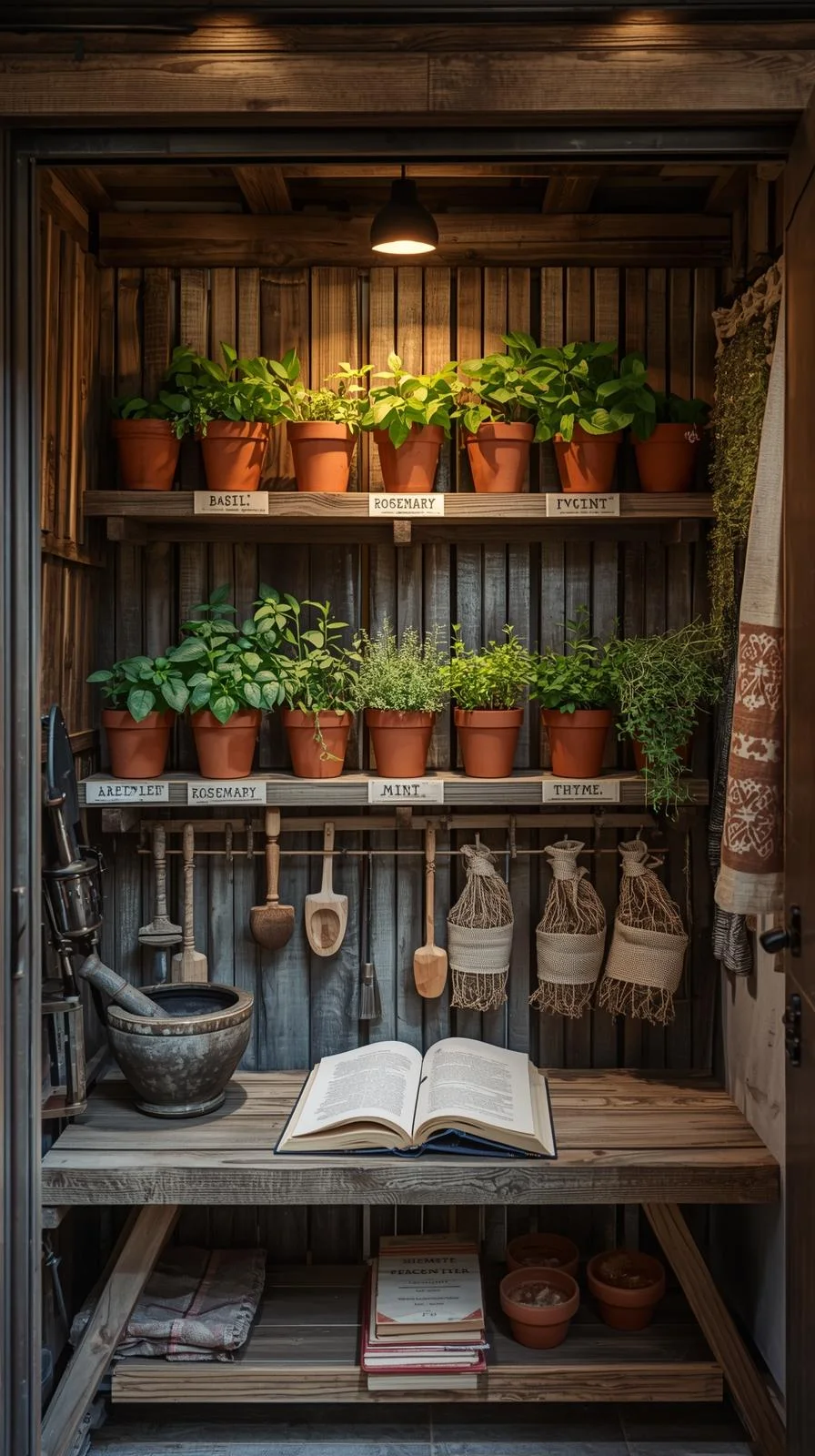 Placard herboristerie bois rustique, pots terre cuite herbes aromatiques, bouquets séchés, lumière douce.
