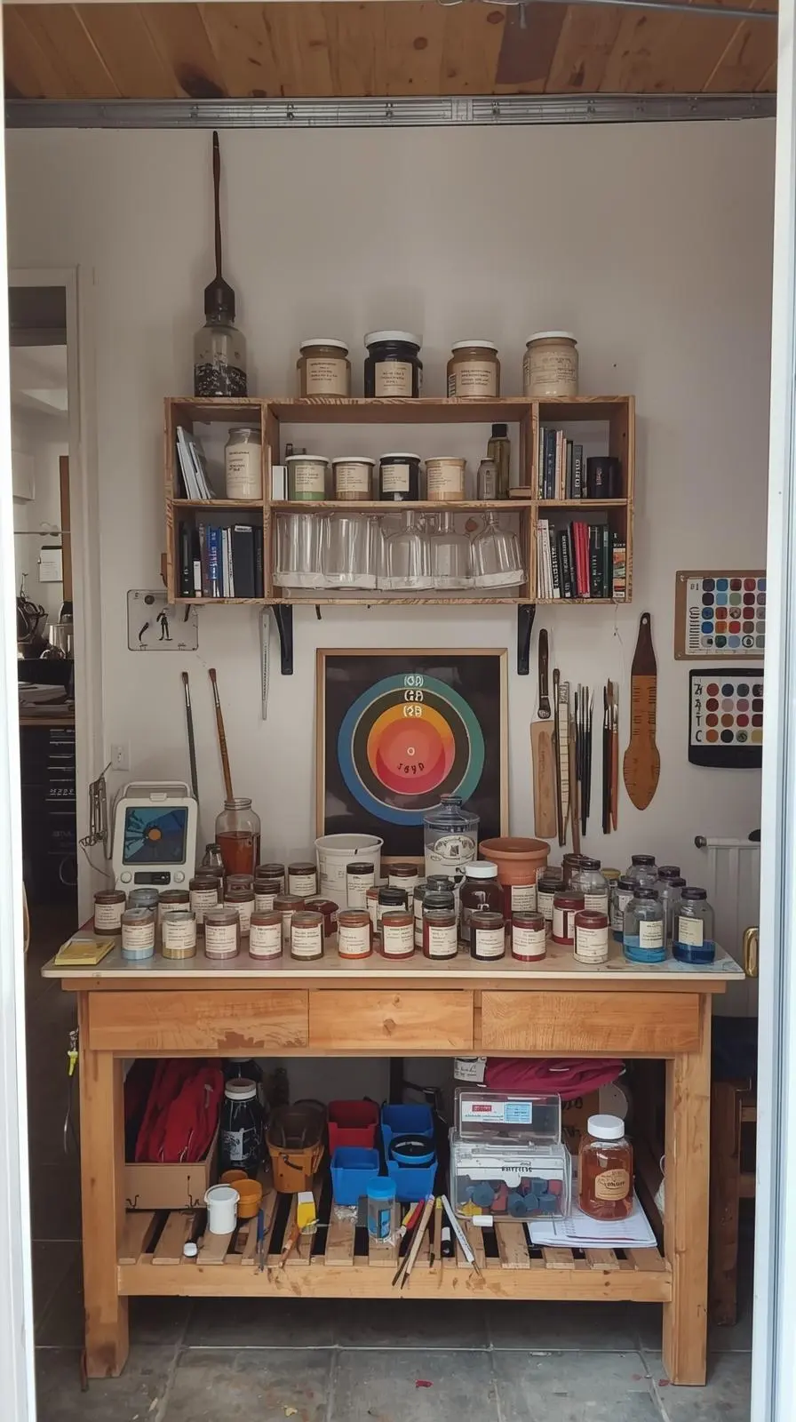 Atelier peinture artiste, pigments colorés bocaux, nuanciers mur, pinceaux, table travail bois.