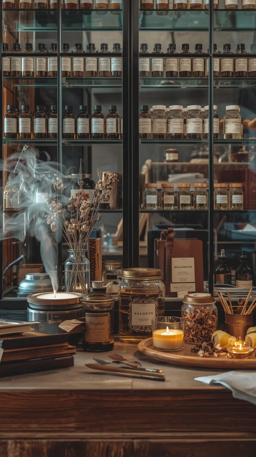Console atelier parfumeur, flacons verre ambré, bougies, fleurs séchées, vitrine noire élégante.