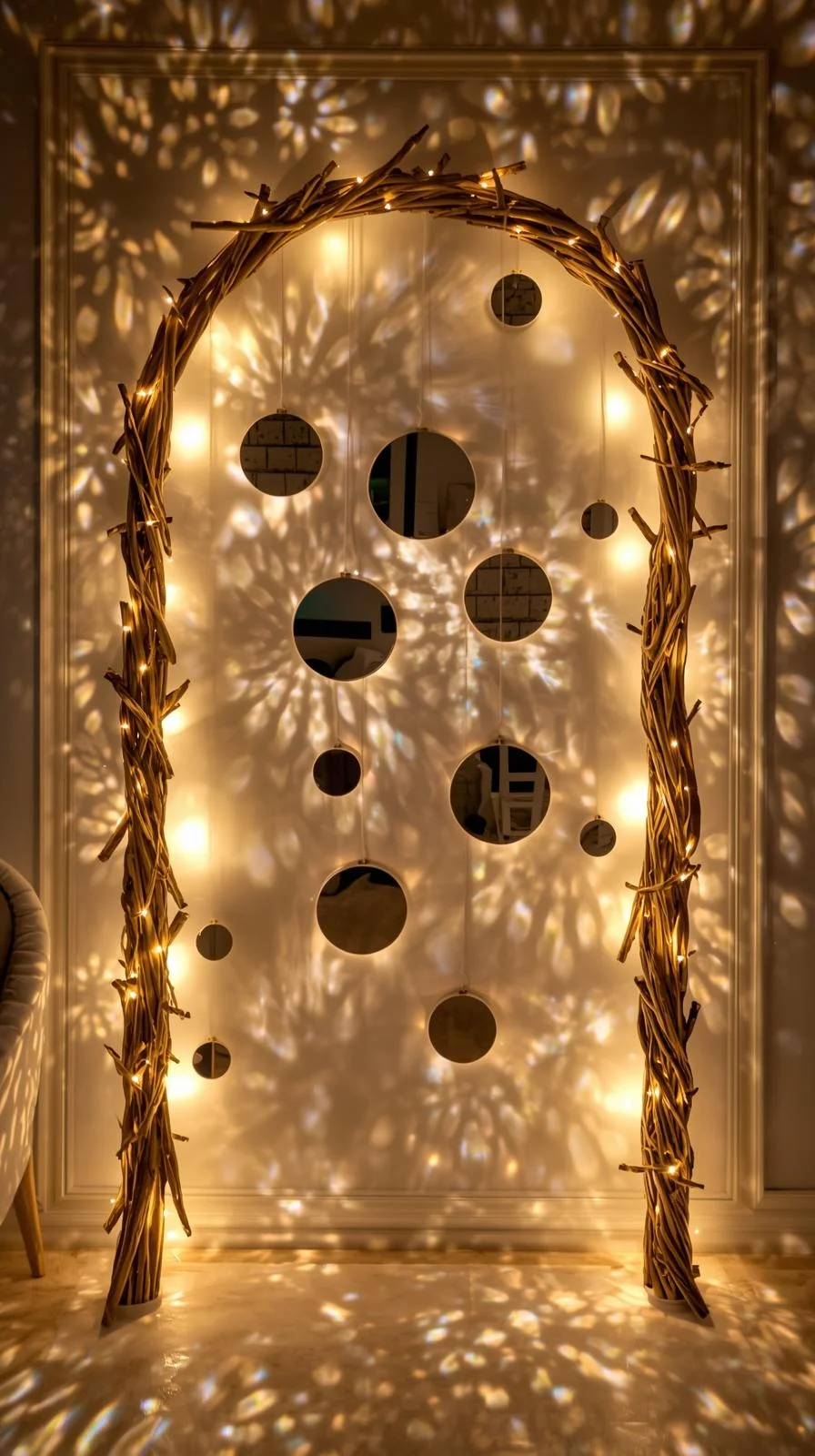 Arche branches bois guirlandes lumineuses, miroirs ronds suspendus, jeux ombres et lumières féeriques.