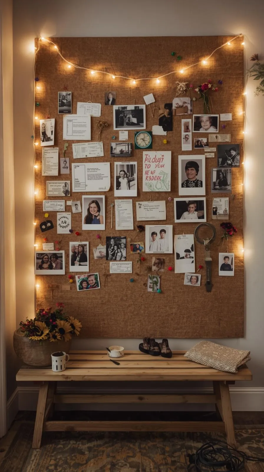 Grand panneau liège photos souvenirs, guirlande lumineuse, banc bois, ambiance chaleureuse et nostalgique.