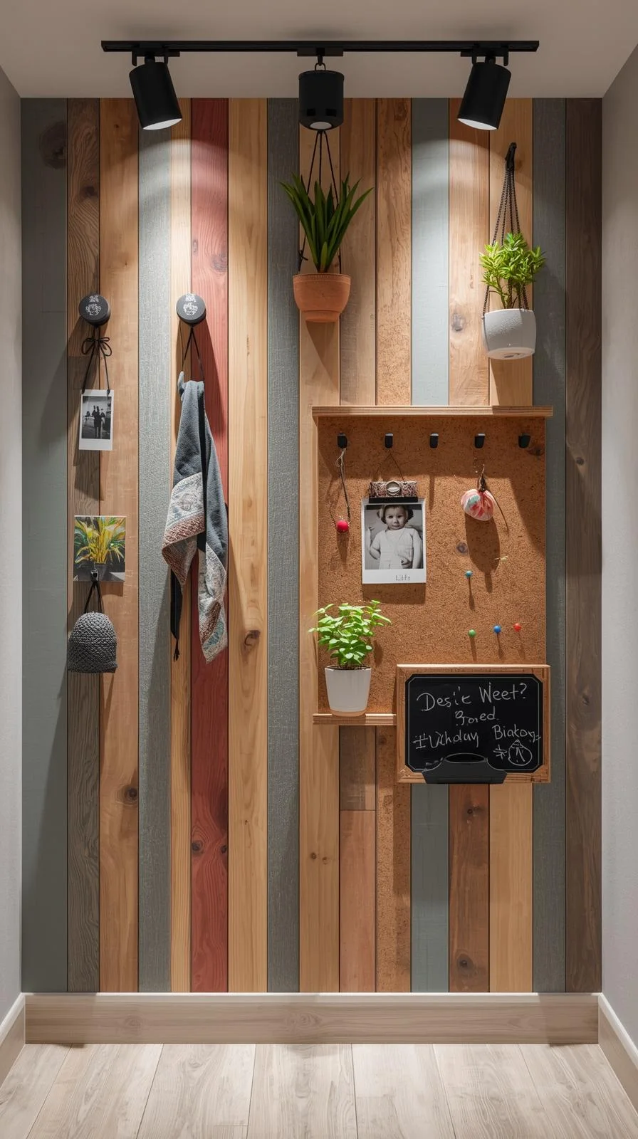 Mur entrée lattes bois colorées, panneau liège, ardoise craie, plantes suspendues, déco joyeuse.