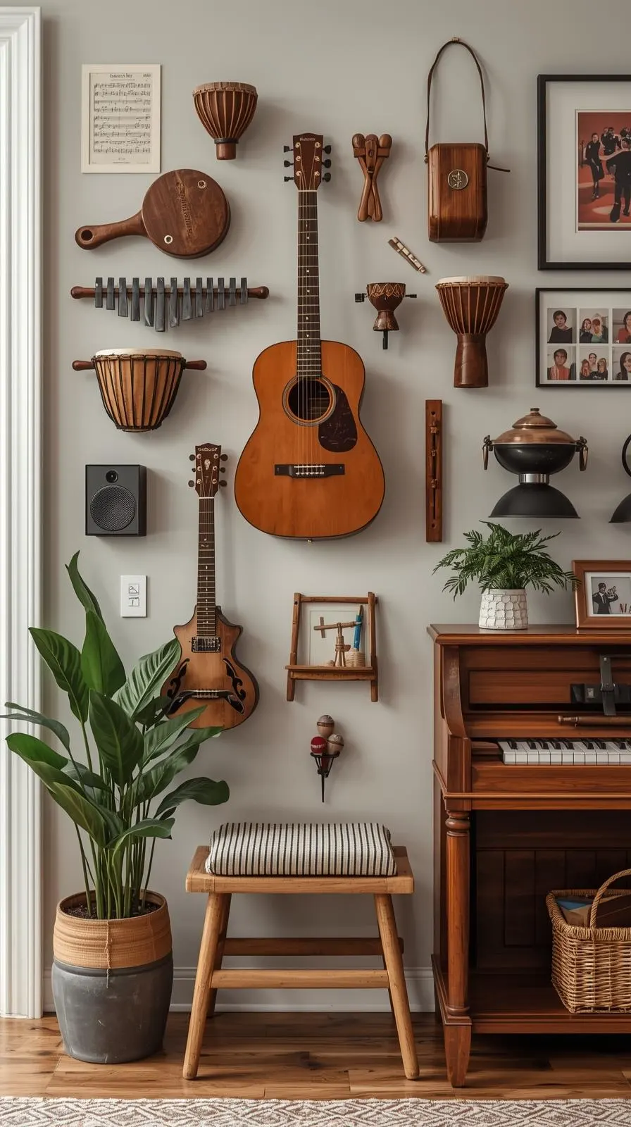 Mur exposition instruments musique, guitares, percussions, piano bois, déco murale artistique.