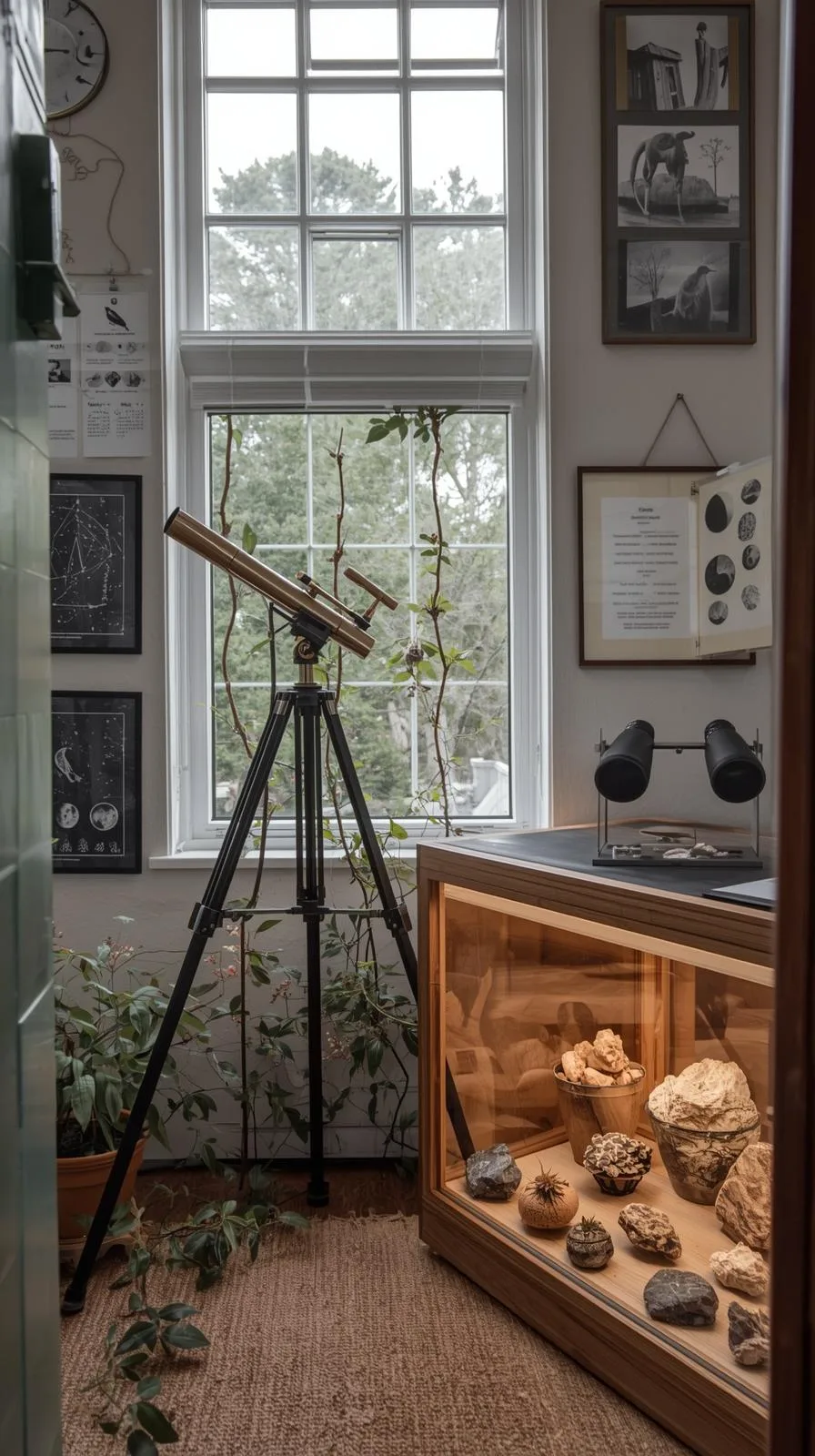 Coin observation fenêtre, télescope laiton sur trépied, vitrine curiosités minéraux, plantes grimpantes.
