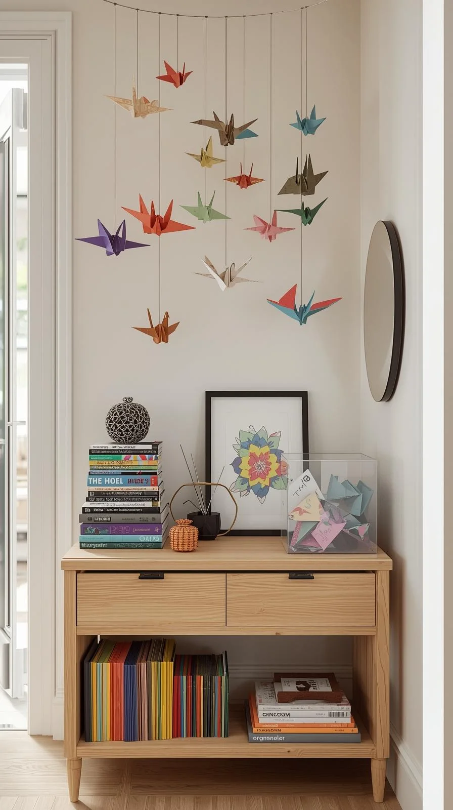 Mobile oiseaux origami colorés suspendus, console bois moderne, livres, ambiance aérienne poétique.