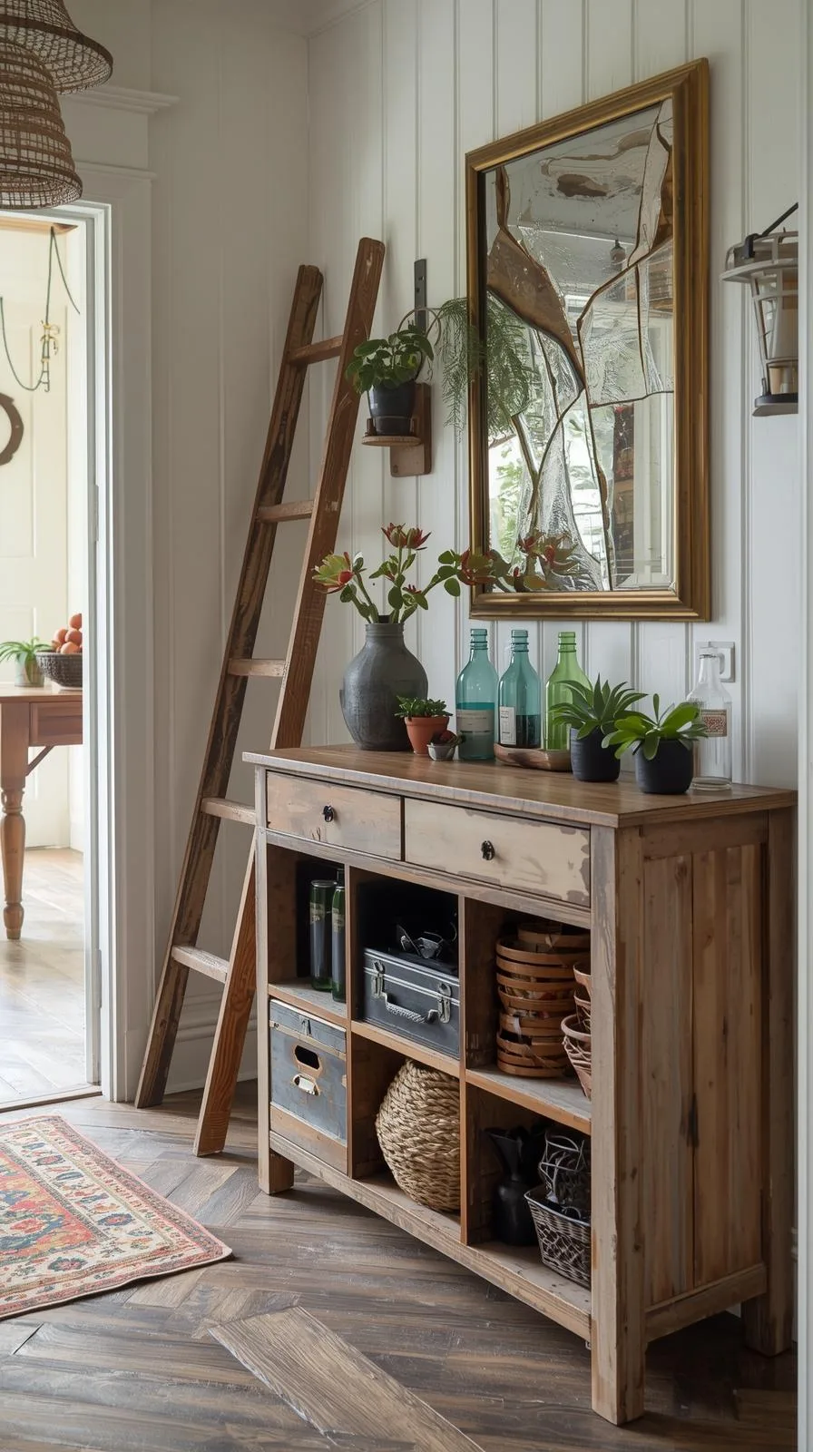 Entrée style campagne chic, console bois patiné, échelle déco, miroir ancien, plantes vertes.