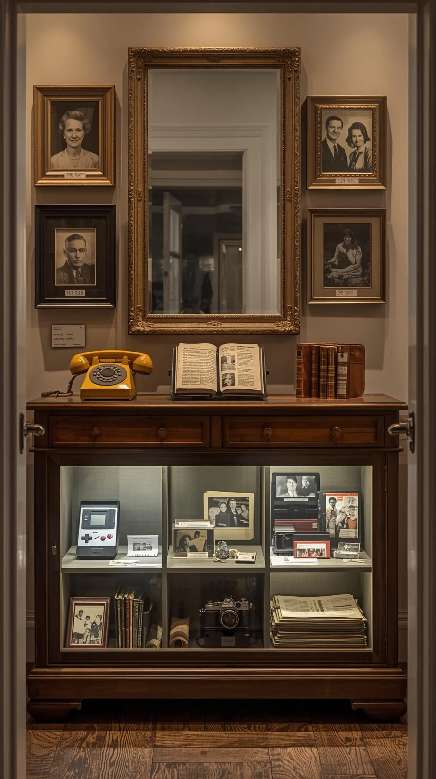 Vitrine musée familial entrée, console bois, gameboy vintage, téléphone jaune, photos ancêtres noir et blanc, miroir doré.
