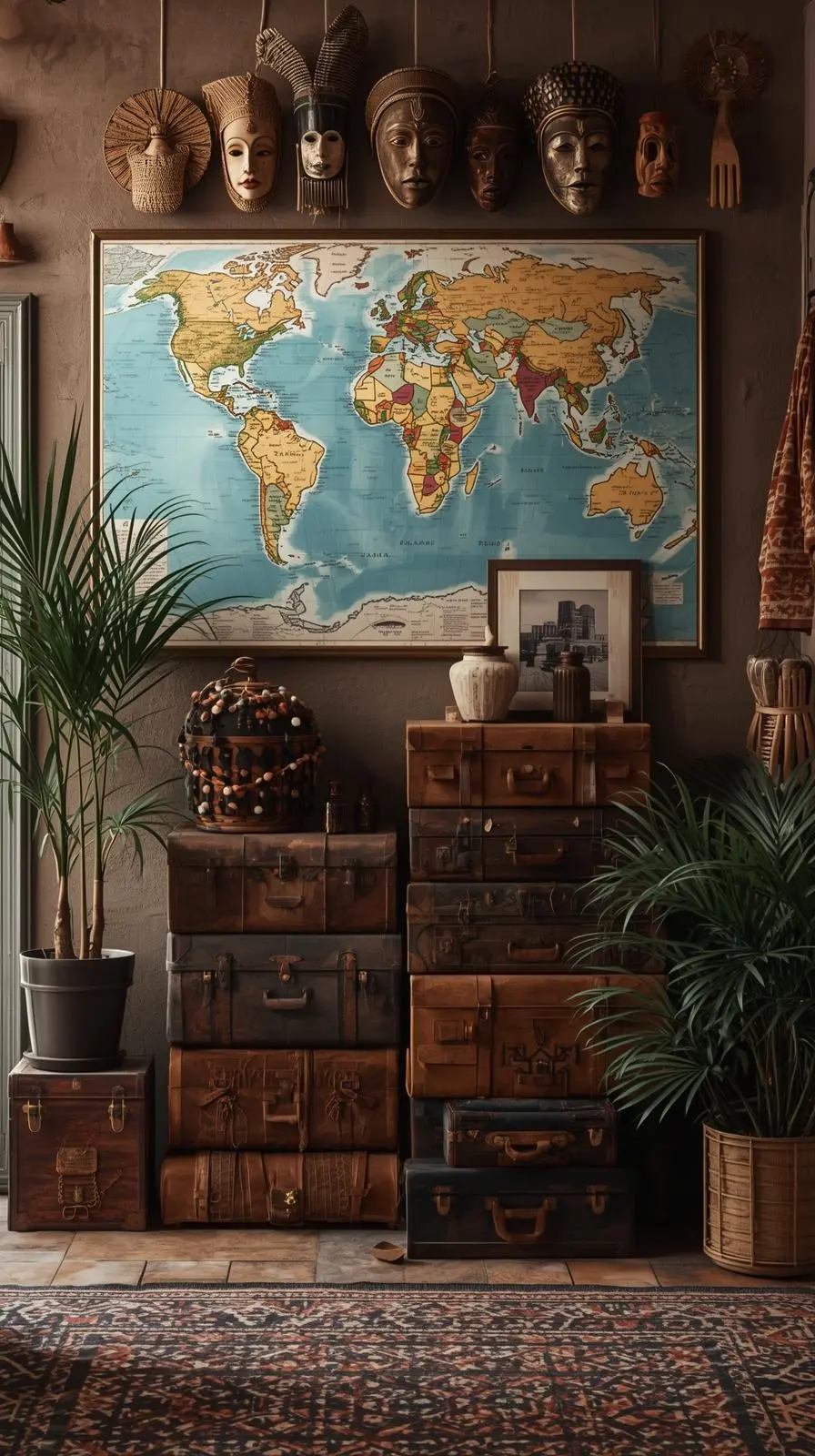 Déco entrée voyage, valises vintage empilées, grande carte du monde murale, masques africains.