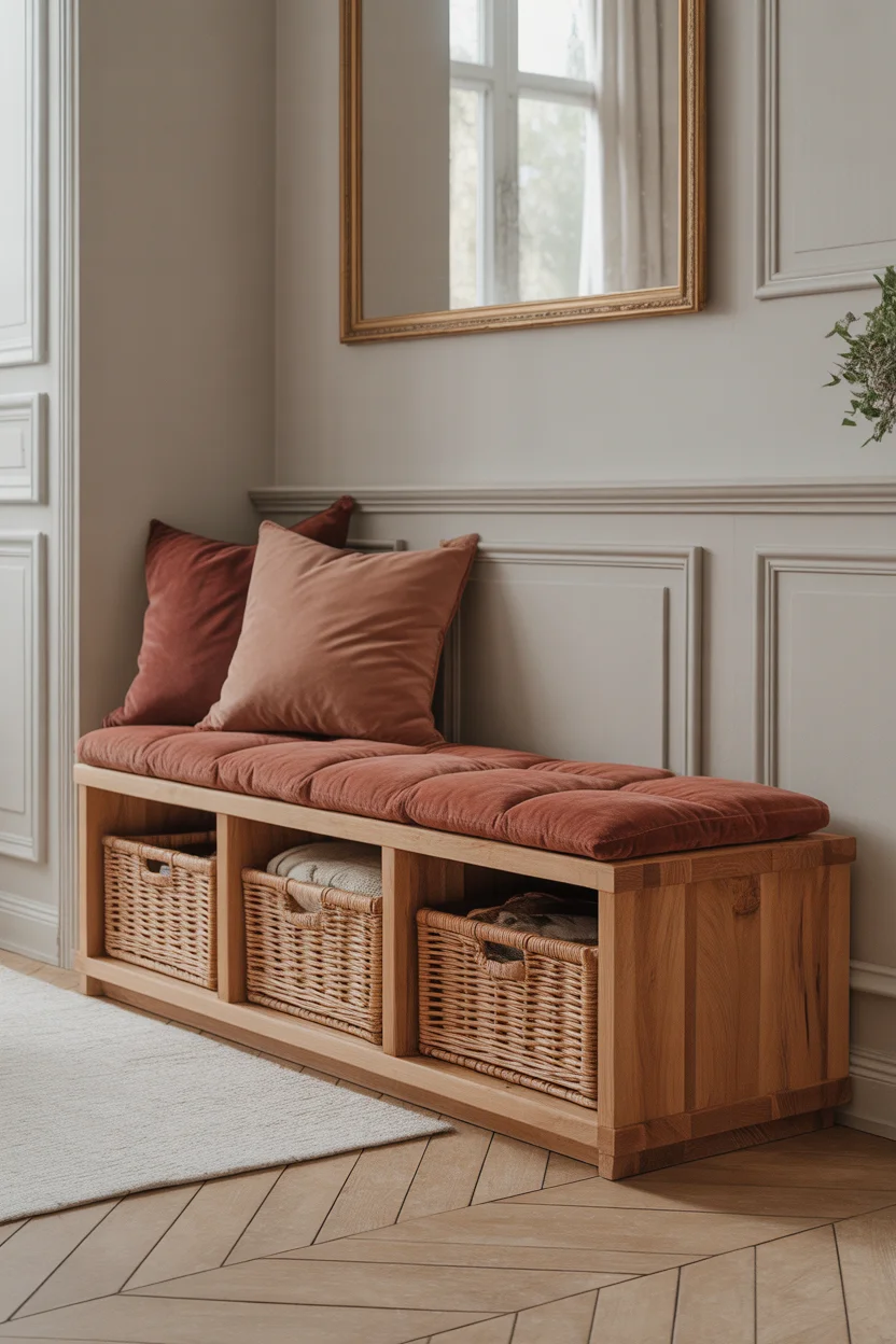 Inspiration entree maison banc bois avec coussins terracotta