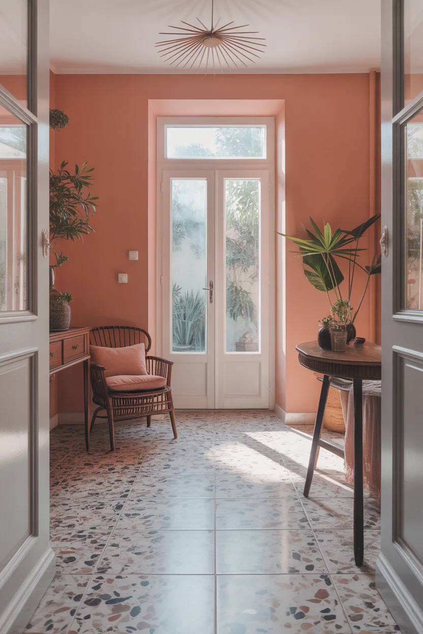 Carrelage terrazzo aux inclusions colorées dans entrée vintage avec murs terracotta et mobilier en rotin
