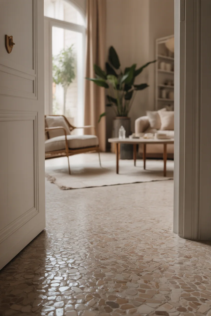 Tommettes anciennes hexagonales beiges dans entrée avec boiseries blanches et vue sur salon lumineux
