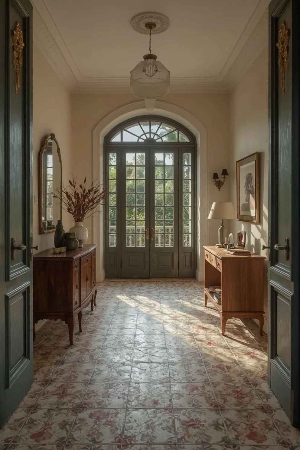 Carrelage marbre rose veiné dans entrée de château avec boiseries vertes et porte-fenêtre cintrée