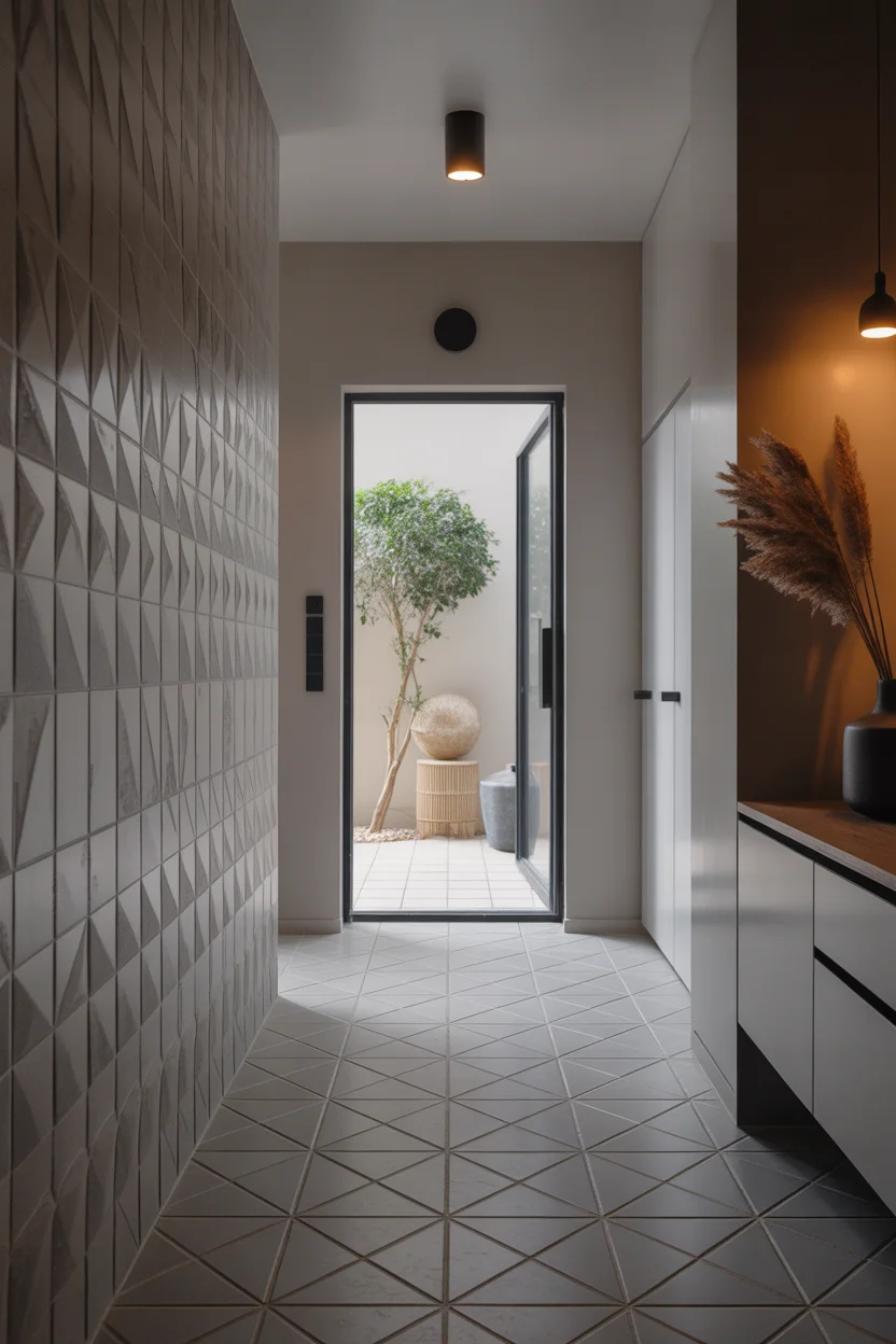 Carrelage relief géométrique triangulaire gris dans entrée moderne avec mur texturé et porte vitrée
