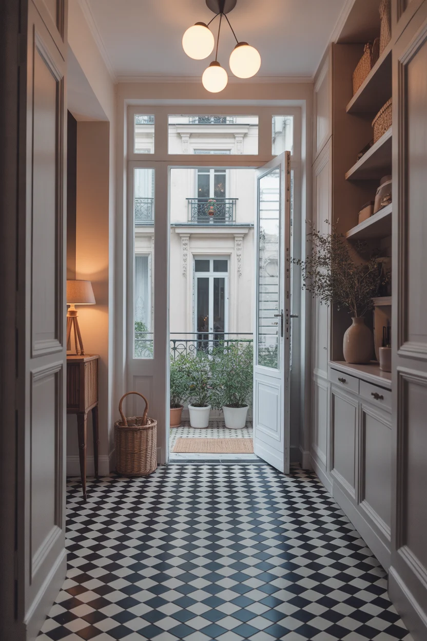 Carrelage damier noir et blanc dans entrée haussmannienne avec rangements blancs et porte-fenêtre balcon
