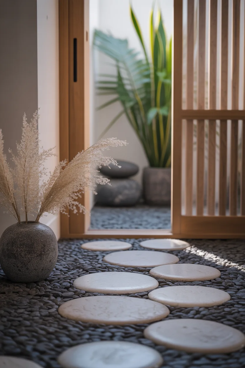 Sol en galets noirs avec pas japonais en pierre claire dans entrée zen style japonais cloison bois
