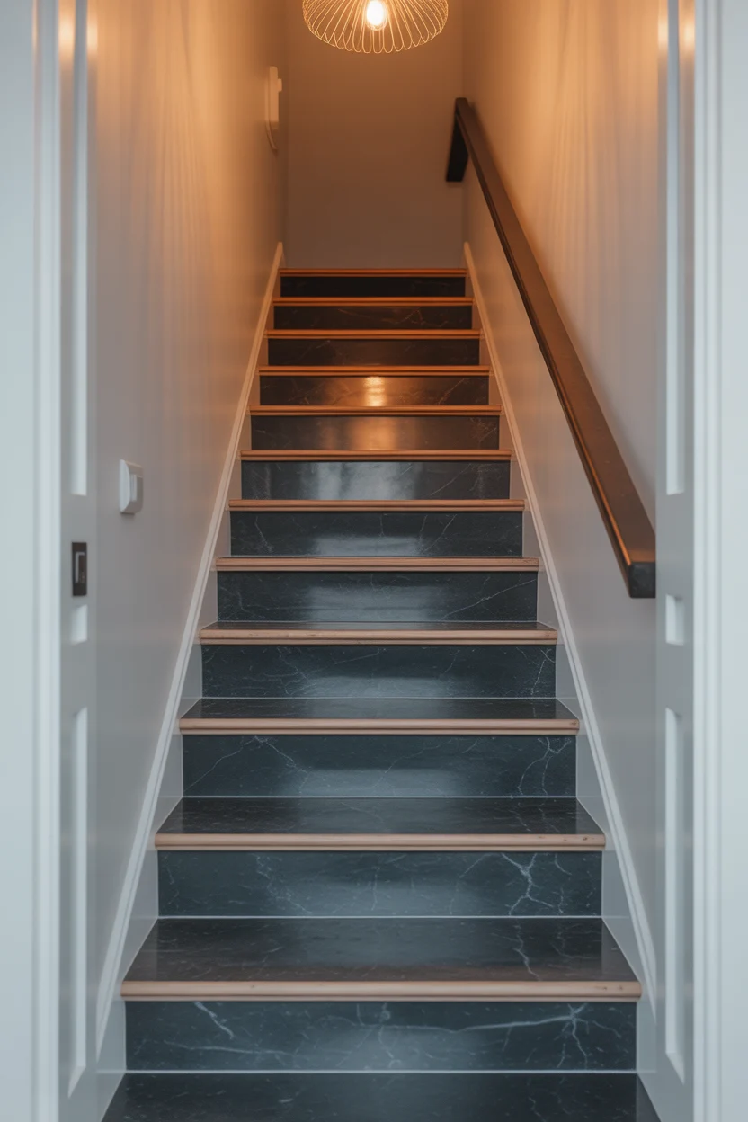 Escalier avec carrelage imitation marbre noir veiné blanc et nez de marche bois dans cage d'escalier moderne
