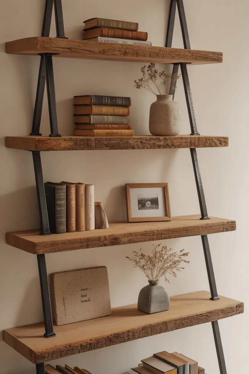 Étagère échelle mêlant montants en métal noir et planches en bois brut.