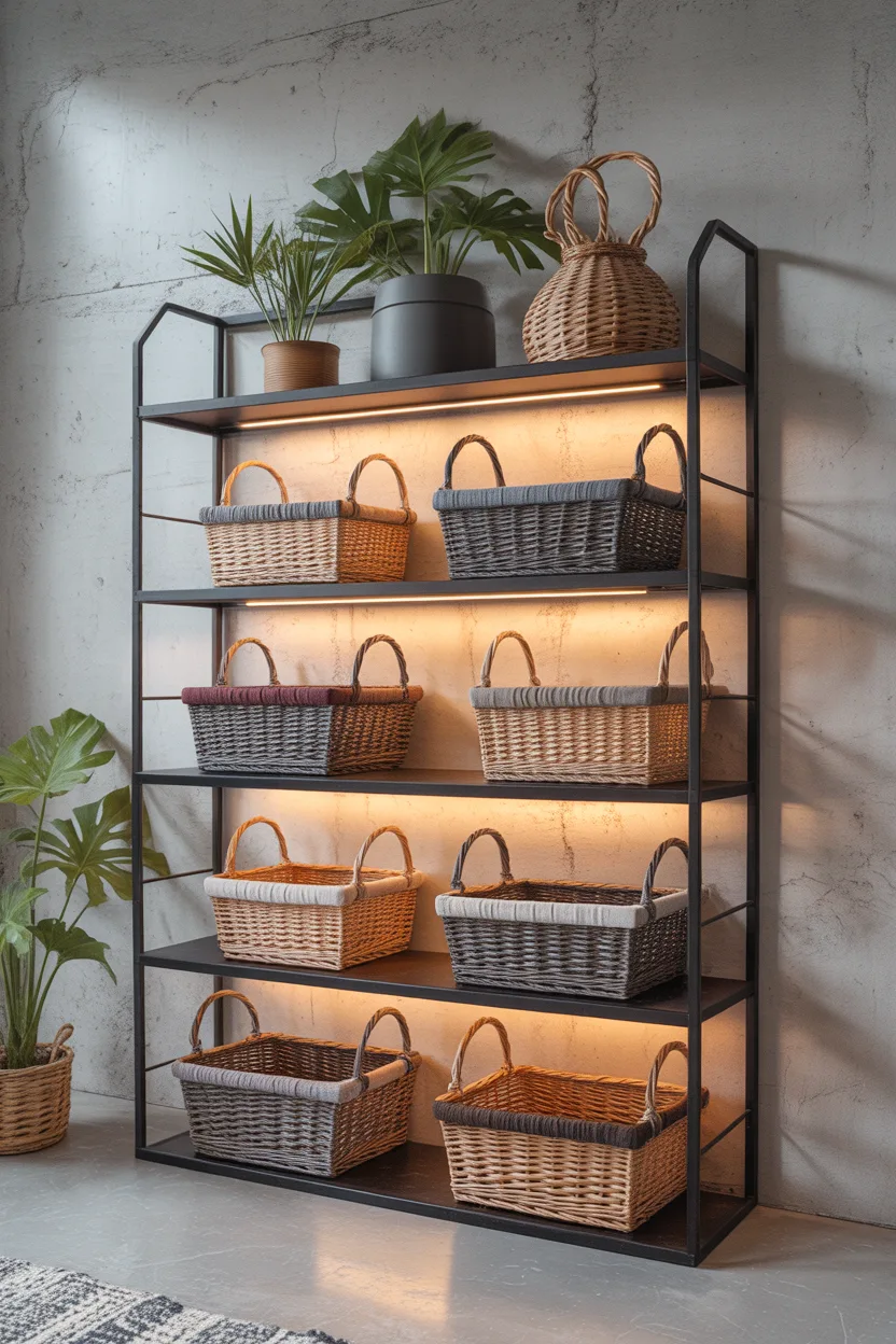 Etagère industrielle métal noir avec paniers osier éclairés