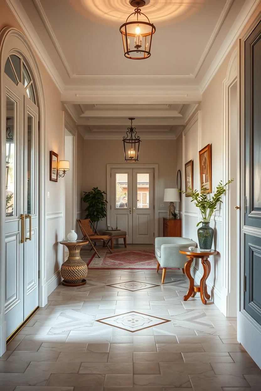 Carrelage pierre naturelle beige avec médaillon décoratif central dans hall d'entrée bourgeois aux boiseries grises
