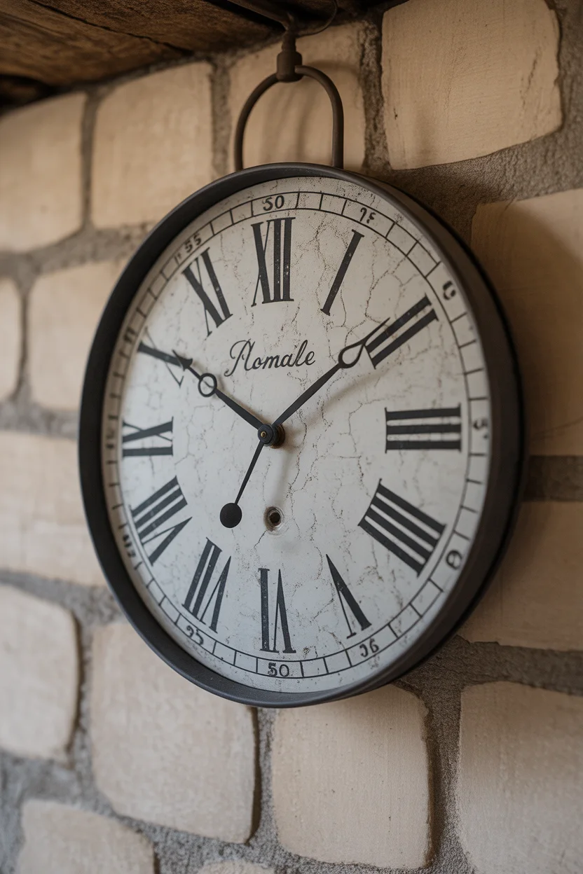 Horloge murale ronde style vintage avec chiffres romains et cadran effet craquelé.