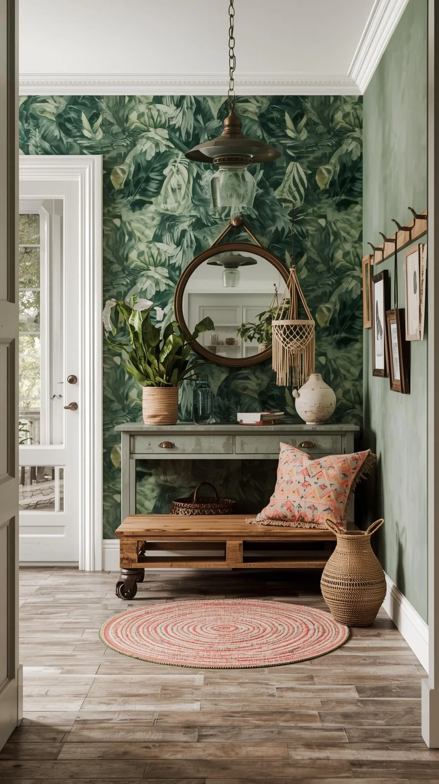 Déco entrée maison style tropical bohème avec papier peint motifs feuilles vertes, banc en palette bois DIY sur roulettes, miroir rond suspendu et tapis rose tissé. Ambiance lumineuse et végétale.