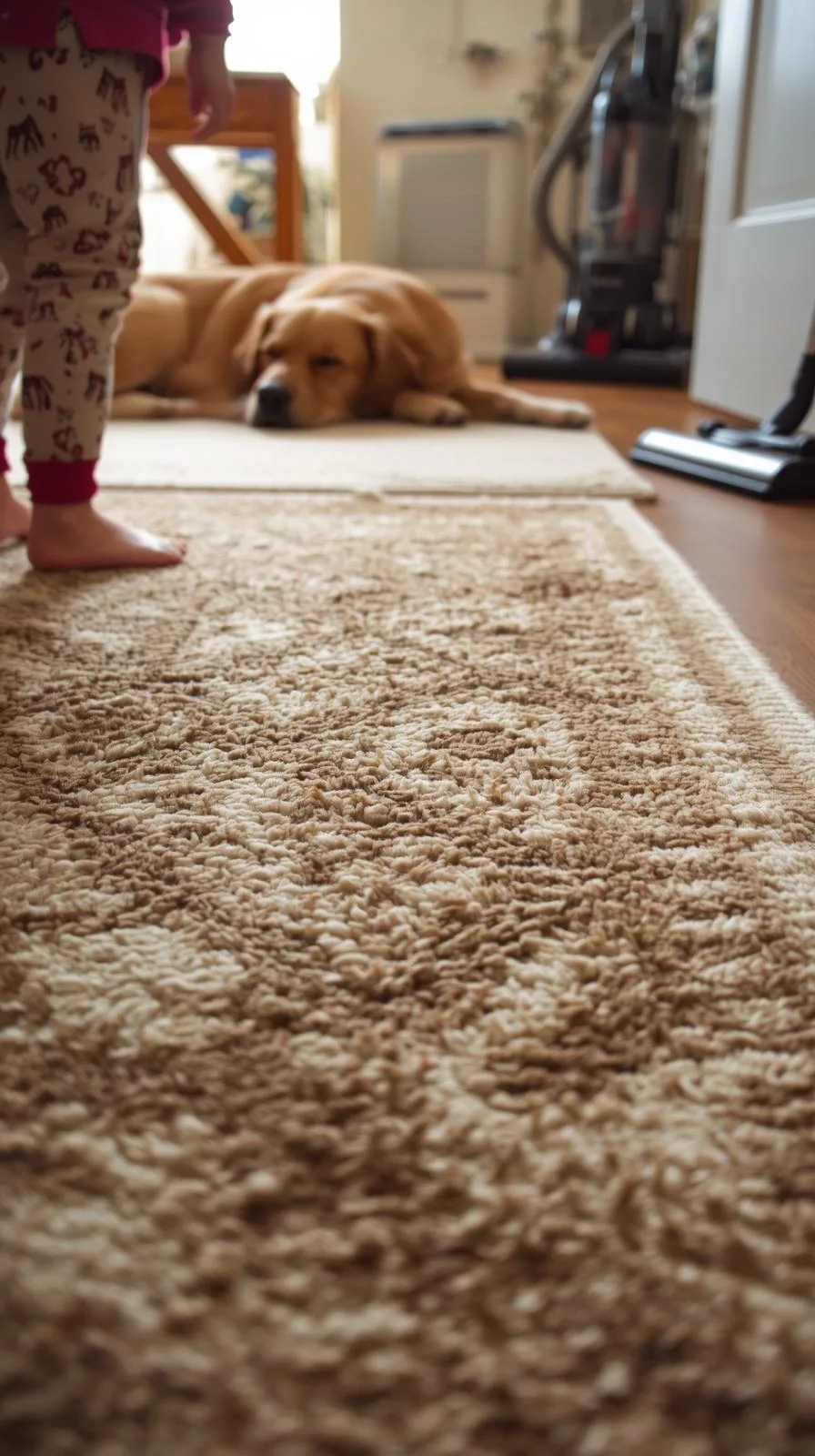 Gros plan sur la texture épaisse et shaggy d'un tapis beige, avec un chien endormi, un enfant et un aspirateur en arrière-plan, illustrant la vie de famille.