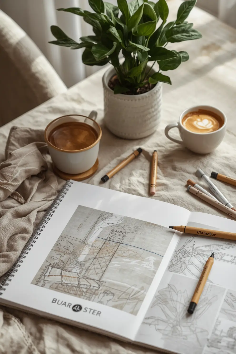 Carnet de croquis architecture ouvert, crayons, deux tasses café, plante verte sur nappe lin.
