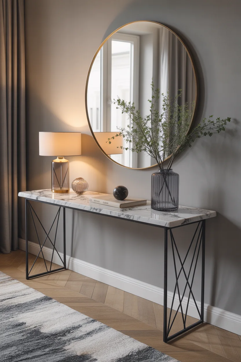 Console plateau marbre blanc, pieds métal noir géométriques, lampe design, miroir rond.