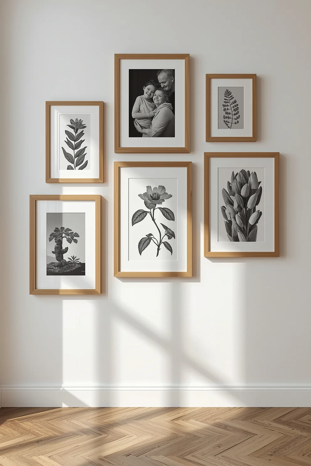 Composition de cadres photo en bois clair sur mur blanc, mélange de photos de famille et d'illustrations botaniques en noir et blanc.