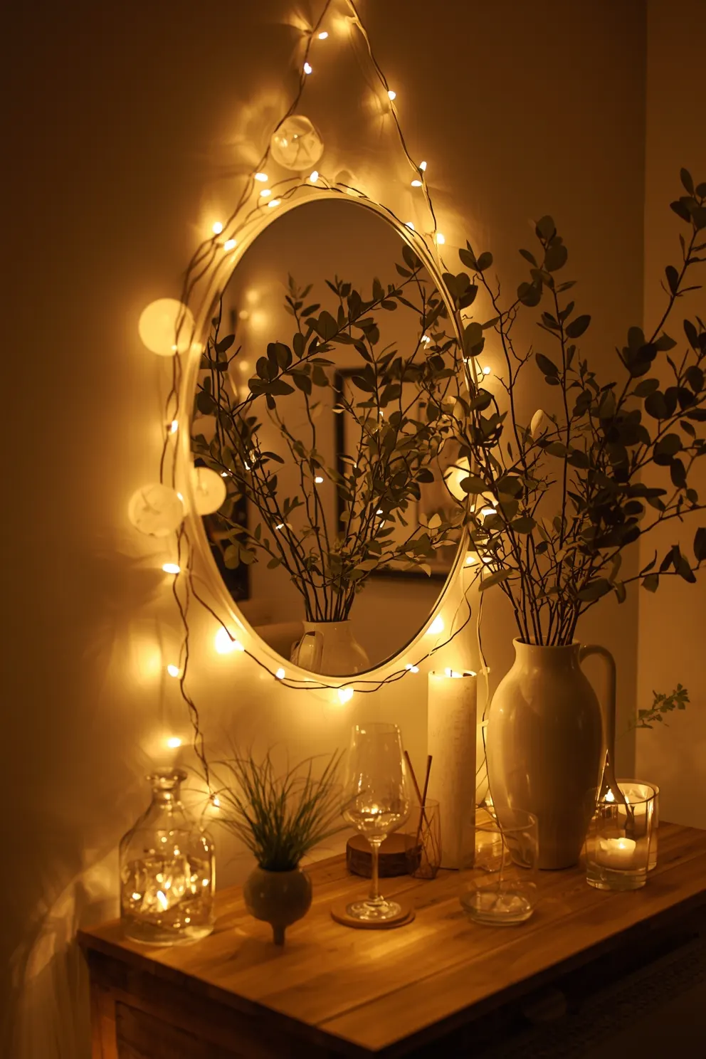 Miroir ovale entouré guirlande lumineuse, branches feuillage, bougies allumées, ambiance tamisée soir.