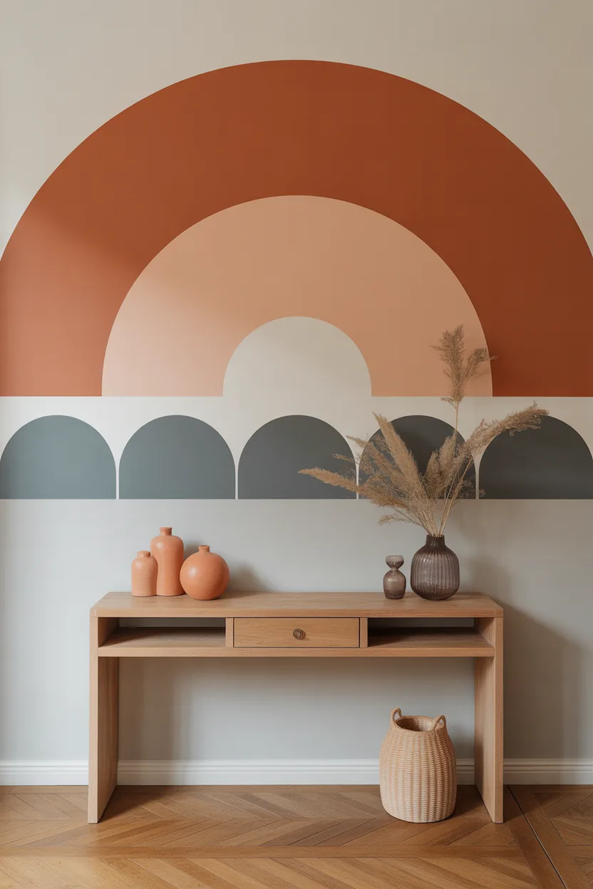 Peinture murale arche terracotta et beige, console bois clair, vases céramique, herbes de la pampa.