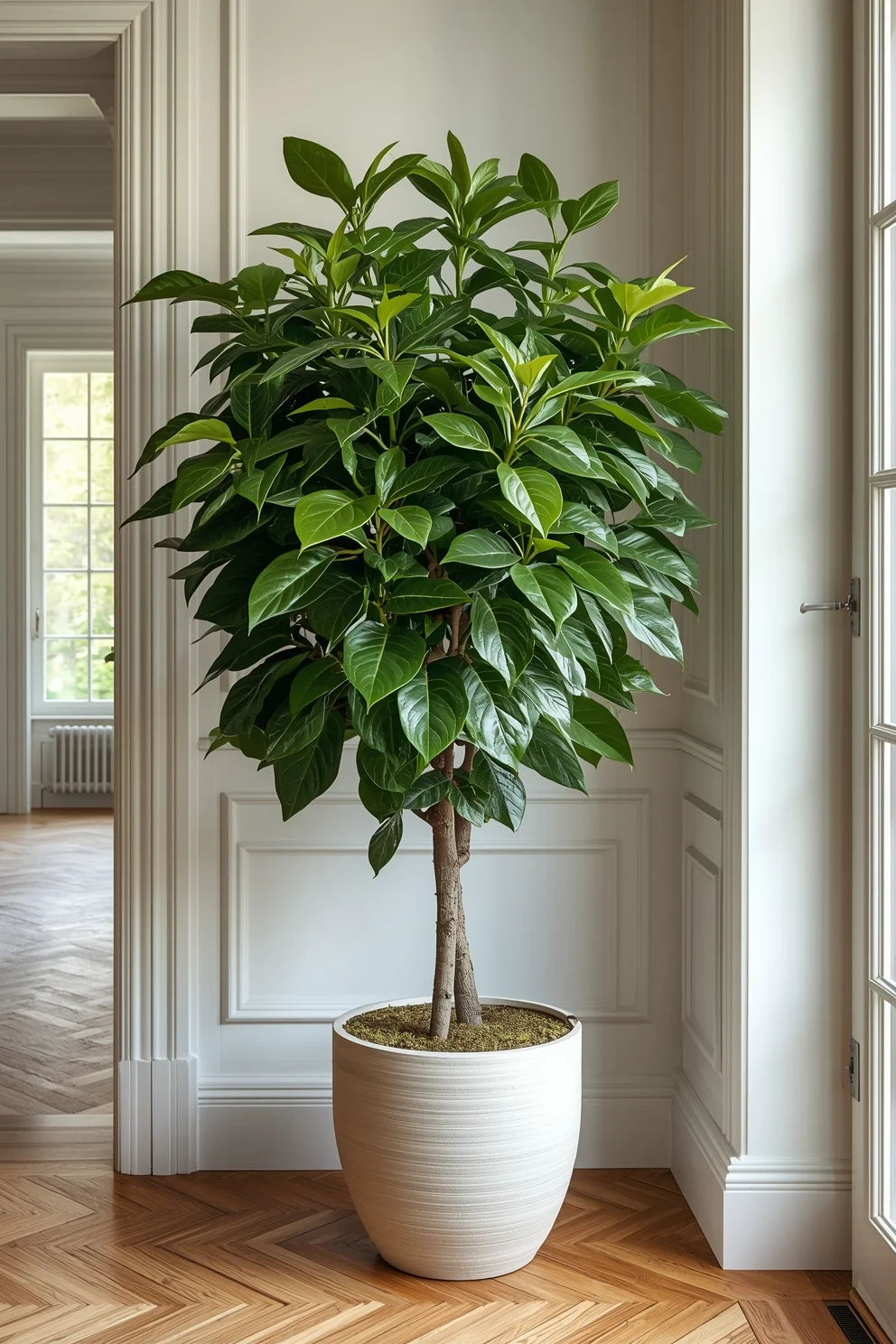 Grande plante verte ficus pot blanc texturé, coin entrée parquet chevron moulures mur blanc.