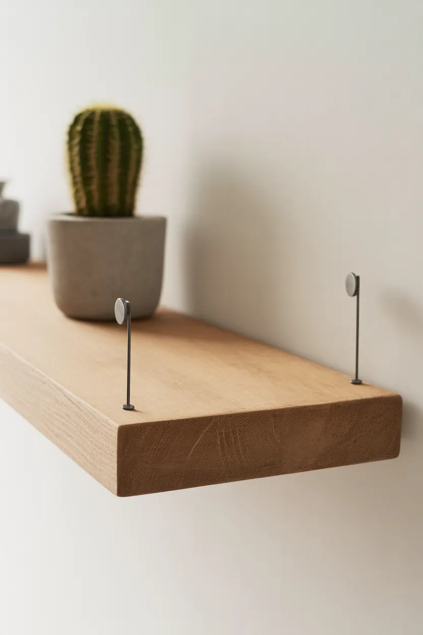 Tablette murale bois flottante minimaliste avec petit cactus