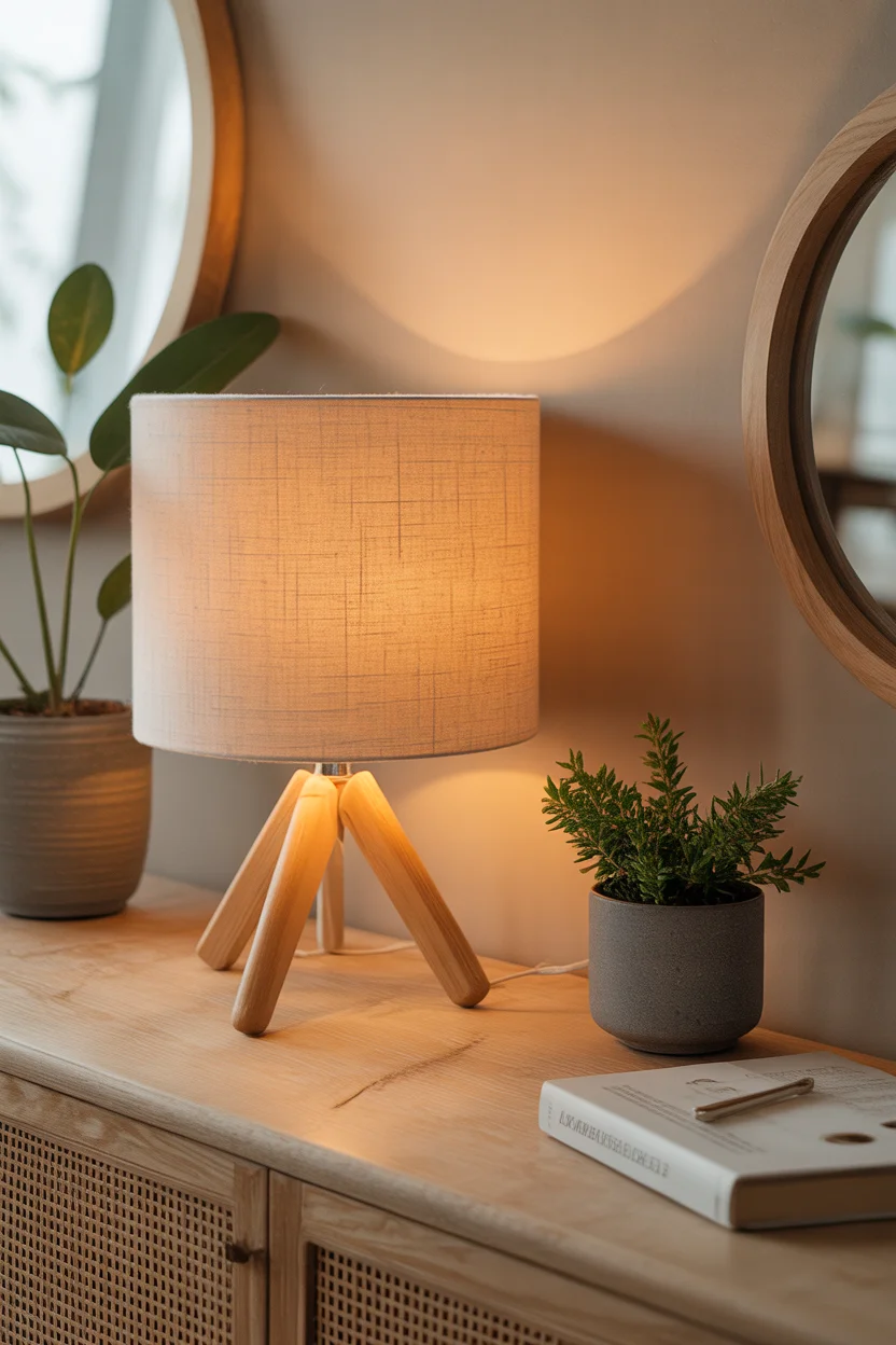 Lampe de table avec trépied en bois clair et abat-jour beige posée sur une console, lumière allumée.