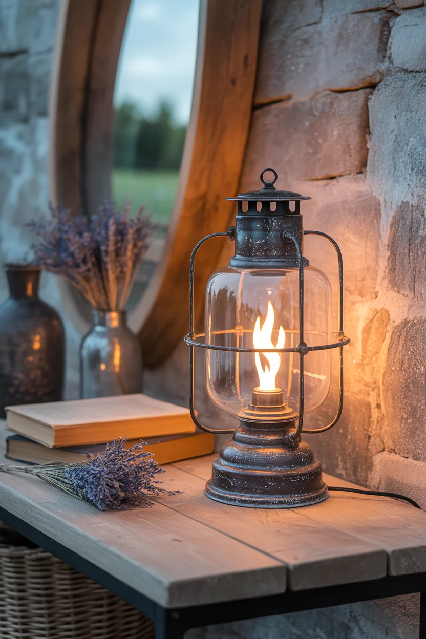 Lanterne tempête style ancien allumée posée sur une console en bois.