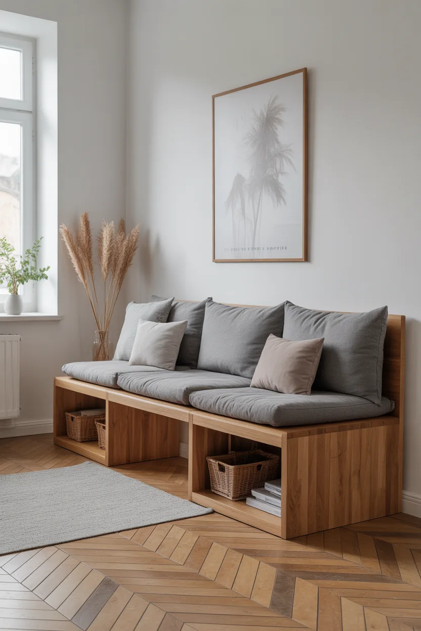 Banc d'entrée en bois avec coussins gris et rangement panier