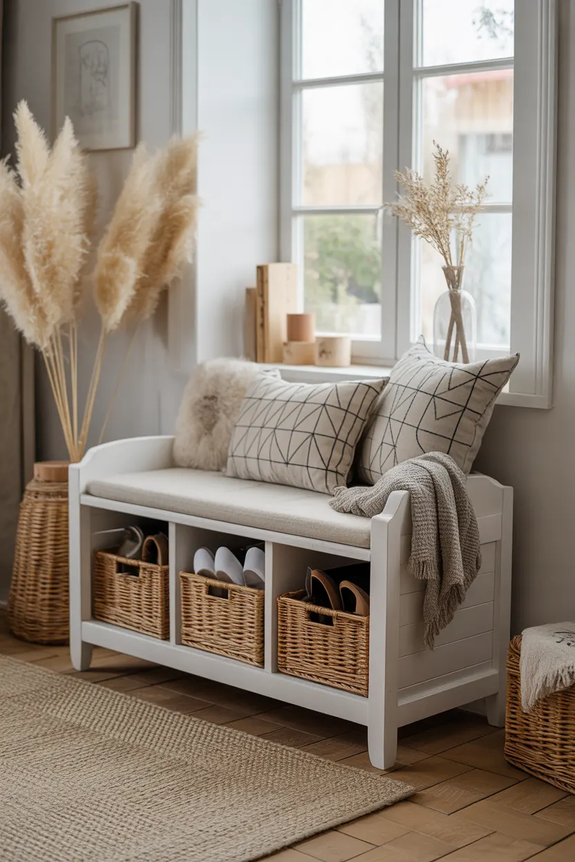 Banc entrée blanc coussin beige, paniers osier sous assise, coussins motifs graphiques, fenêtre.