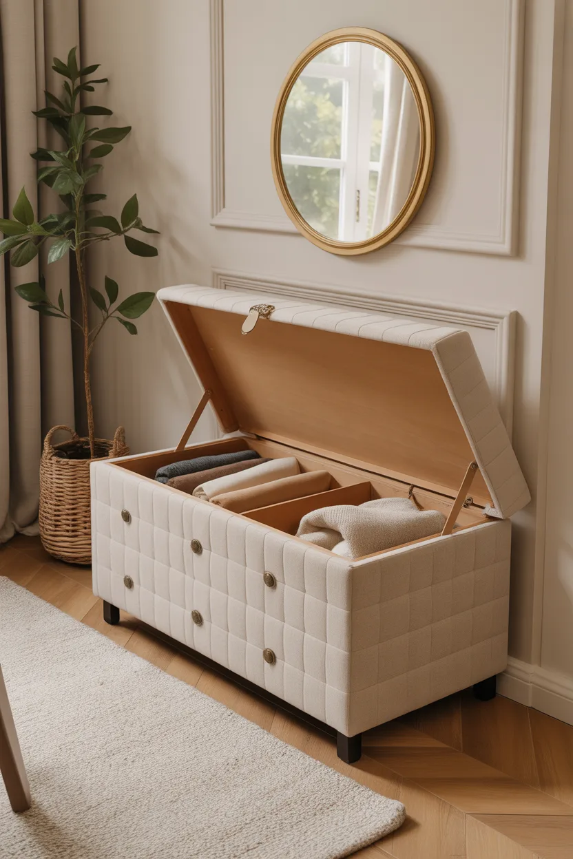 Banc coffre rangement tissu beige ouvert avec coussins