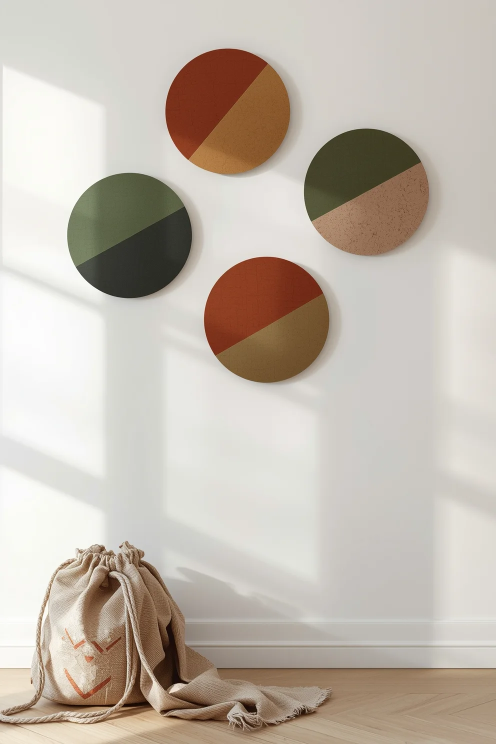 Quatre cercles muraux décoratifs bicolores vert et terracotta, sac en toile beige au sol.